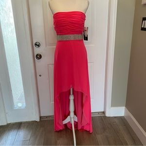 Betsy & Adam formal or prom dress with crystals at waist and high low hem